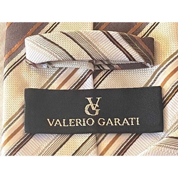 Valerio Garati Necktie  - 100% Polyester Brown Cream Gray Off White Striped Tie - Picture 6 of 13